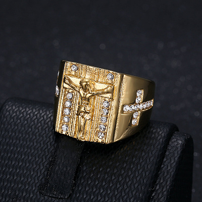 Cross with Jesus Pattern 304 Stainless Steel with Crystal Rhinestone Finger Rings for Men FS-WG78AD7-04-1