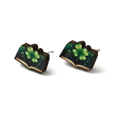 Saint Patrick's Day Green Wood Stud Earrings EJEW-D074-01C-1