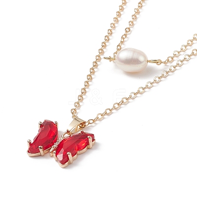 4Pcs 4 Color Glass Butterfly & Natural Pearl Pendants Double Layer Necklaces Set with Clear Cubic Zirconia NJEW-TA00043-1