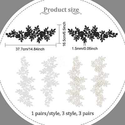 3 Pairs 3 Style Rose Pattern Polyester Computerized Embroidered Appliques DIY-FG0003-96-1