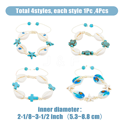 4Pcs 4 Style Natural Shell with Evil Eye Braided Bead Bracelets Set BJEW-FI0001-74-1