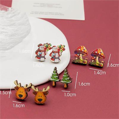 4 Pairs Snowman & Christmas Tree & Deer & Mushroom Printed Wood Stud Earrings EJEW-OY001-07-1