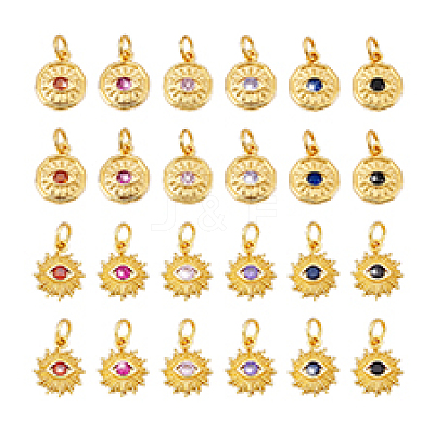 24Pcs 12 Styles Brass Micro Pave Cubic Zirconia Pendants KK-PH0012-97-1