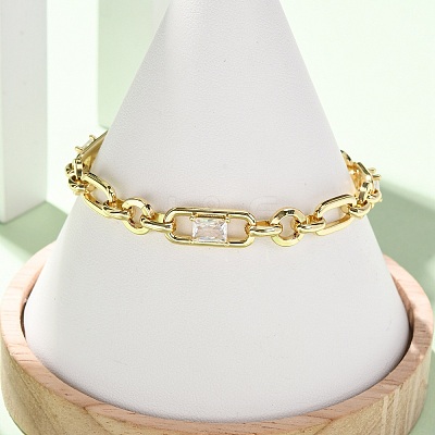Ring & Paperclip Brass Micro Pave Cubic Zirconia Link Chain Bracelets for Women BJEW-D458-04G-02-1