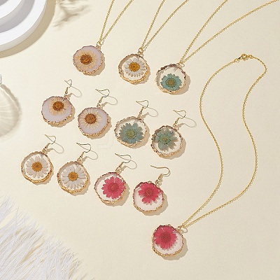 Inner Dried Flower Resin Dangle Earring & Pendant Necklaces Sets SJEW-FS00005-1