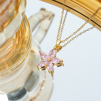 Plum Blossom Flower Brass Cubic Zirconia Pendant Necklaces for Women FS-WG57E4E-01-1