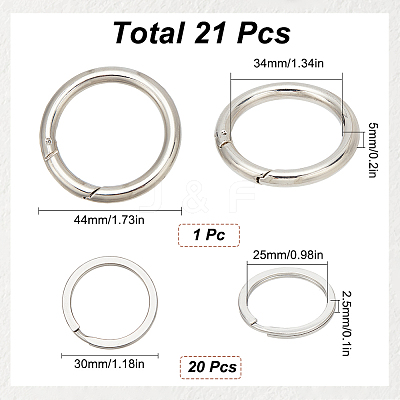 20Pcs 304 Stainless Steel Split Key Rings with 1Pc Alloy Spring Gate Rings FIND-SC0010-29-1