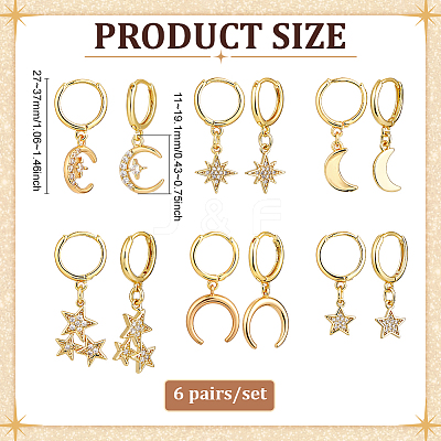6 Pairs Brass Micro Pave Clear Cubic Zirconia Hoop Earrings EJEW-PH01464-1