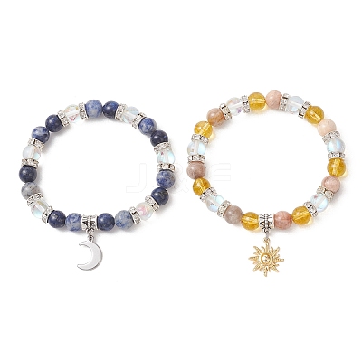 2Pcs 2 Styles 304 Stainless Steel & Brass Celestial Sun & Moon Couple Bracelet Set BJEW-TA00718-1