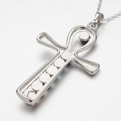 Platinum Plated Vintage Chakra Jewelry Brass Gemstone Cross Pendant Necklaces NJEW-JN01155-02-1