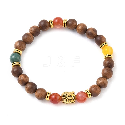 Natural Striped Agate & Wood Round Beads Stretch Bracelets for Men Women BJEW-JB12356-01-1