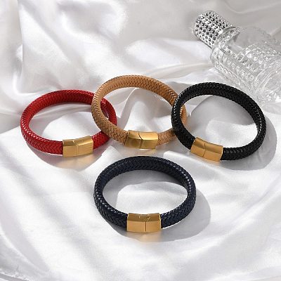Ion Plating(IP) Braided Microfiber Leather Cord Bracelets for Men BJEW-Z081-06G-1