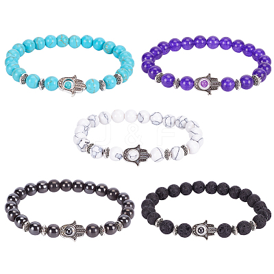 5Pcs 5 Style Natural & Synthetic Mixed Gemstone Round & Hamsa Hand Beaded Stretch Bracelets Set for Women BJEW-AN0001-33-1