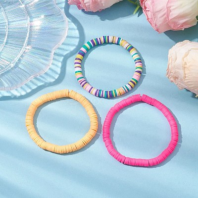 3Pcs 3 Colors Polymer Clay Disc Beaded Stretch Bracelet Sets BJEW-JB10439-01-1
