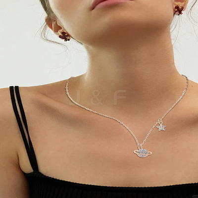 1Pc Alloy Crystal Rhinestone Star Planet Pendant Necklaces for Women NJEW-LP0003-20G-1