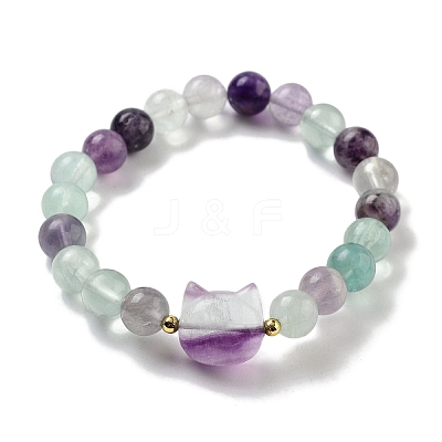 Round & Cat Head Natural Fluorite Beaded Stretch Bracelets for Women BJEW-K251-03E-1