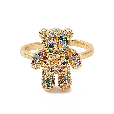 Cubic Zirconia Bear Open Cuff Ring RJEW-P083-01G-01-1
