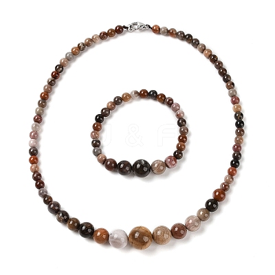 Natural Petrified Wood Round Beads Bracelets & Necklaces Sets SJEW-L132-25-1
