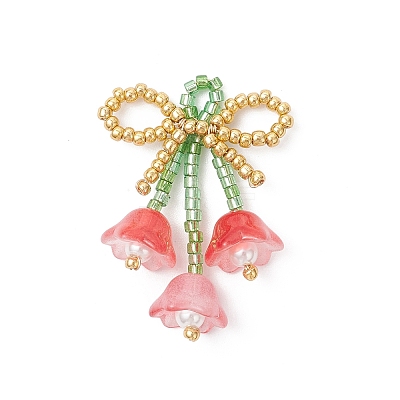 Glass Seed Beaded Bowknot with Flower Pendants PALLOY-MZ01129-01-1