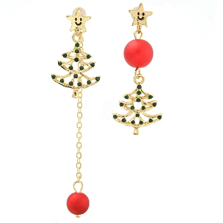 Christmas Tree & Round Alloy & Acrylic Beaded Dangle Stud Earrings for Women EJEW-G406-02G-1