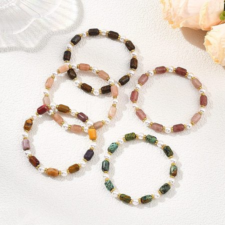 Natural Sunstone/Natural Strawberry Quartz/Natural African Turquoise(Jasper)/Natural Bronzite/Natural Mookaite & Shell Pearl & Brass Beads Stretch Bracelets for Women BJEW-JB13864-1