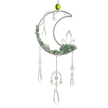 Moon Natural Green Aventurine & 304 Stainless Steel & Brass Suncatchers HJEW-TA00488-02-1