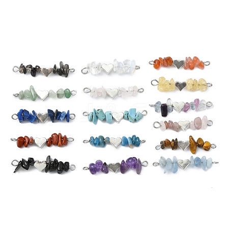 16Pcs 16 Styles Mixed Gemstone Chip Beaded with Brass Heart Connector Charms PALLOY-JF03059-02-1