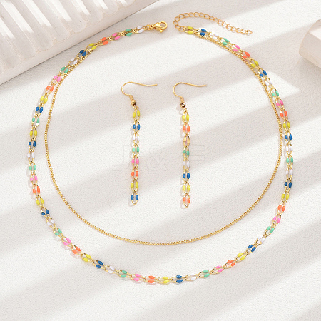 Fashionable Brass Enamel Double-layer Colorful Chain Lock Necklace Earrings Set PA4201-1