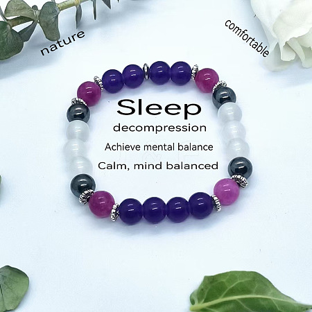 Round Natural  Amethyst& Synthetic Non-magnetic Hematite & Glass Beads Stretch Bracelets for Girl Women FS-WGE0C43-03-1