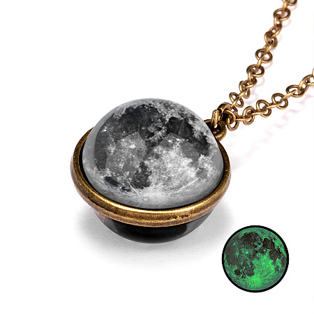 Luminous Glass Planet Pendant Necklace with Antique Golden Alloy Chains PW-WG67491-11-1