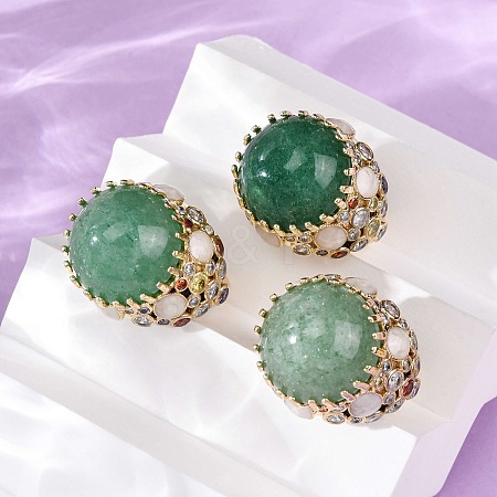 Half Round Natural Green Aventurine Cubic Zirconia Cuff Rings RJEW-M076-01G-05-1