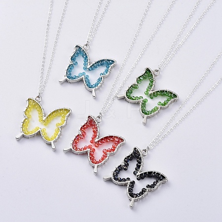  Jewelry Beads Findings Glass Pendant Necklaces, with Rack Plating Alloy Open Back Bezel Pendants and Silver Plated Brass Cable Chain, Butterfly, Mixed Color, 17.99"(45.7cm)