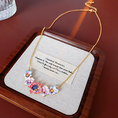 Brass Rhinestone & Imitation Pearl Colorful Flower Bib Necklaces FS-WGF5859-01-1