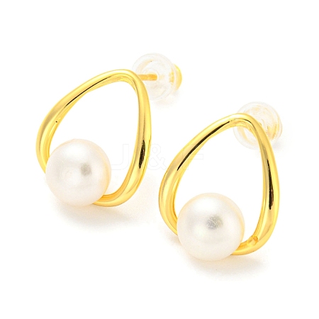 Brass Teardrop Stud Earrings with Natural Pearl Beaded EJEW-Z020-03G-1