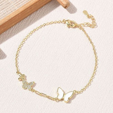 Brass Micro Pave Clear Cubic Zirconia White Butterfly Link Bracelets KK-CBA6980-21G-1