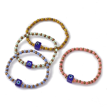 Evil Eye Lampwork & Glass Seed Beaded Stretch Bracelet BJEW-JB09528-1