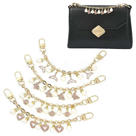 4Pcs 4 Styles Alloy Rhinestone with Acrylic Pearl Bead Charm Cable Chain Bag Decorative Chains HJEW-FS00060-03-1