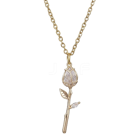 Rose Flower Brass Cubic Zirconia Pendant Necklaces NJEW-JN05055-02-1