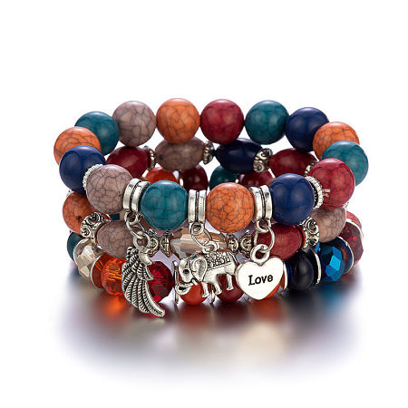 Boho Style Wood Beaded Stretch Bracelet Sets for Women WGE3C3B-06-1