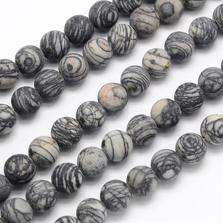 Frosted Round Natural Black Polychrome Jasper/Picasso Stone/Picasso Jasper Beads Strands G-N0166-44-8mm-1