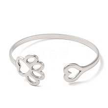 Non-Tarnish Hollow Dog Paw Print & Heart 304 Stainless Steel Cuff Bangles for Women BJEW-L682-015P