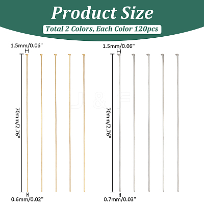 240Pcs 2 Colors 304 Stainless Steel Flat Head Pins STAS-ME0002-70-1