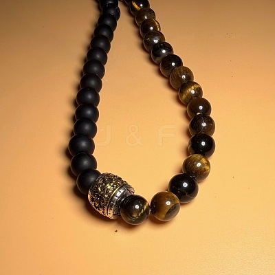 Vintage Frosted 8MM Natural Black Onyx(Dyed & Heated) and Tiger Eye Round Beaded Necklaces with Alloy Column for Men DB2700-1