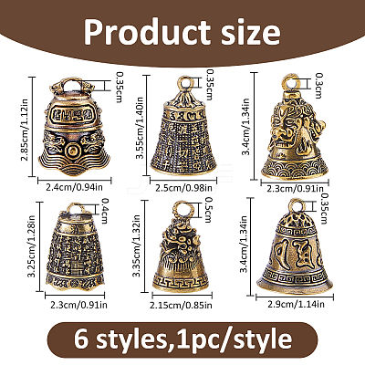 6Pcs 6 Styles Tibetan Style Brass Bell Pendants KK-FH0008-31-1