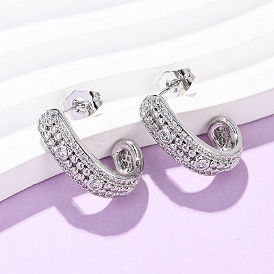 Brass Micro Pave Clear Cubic Zirconia J-Shaped Stud Earrings EJEW-B153-18P-1