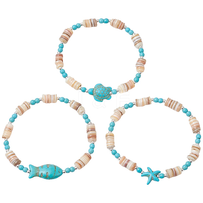 3Pcs Natural Freshwater Shell Beaded Stretch Bracelets BJEW-PA0001-06-1
