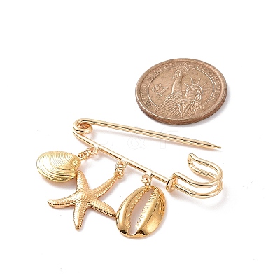 304 Stainless Steel Shell & Starfish Charms Safety Pin Brooch JEWB-BR00083-1