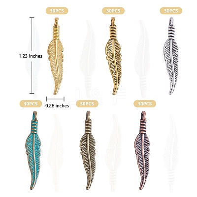 180Pcs 6 Styles Alloy Pendant Feather Pendant DIY Vintage Jewelry Accessories JX562A-1