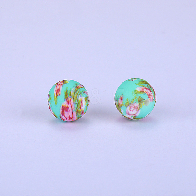 Printed Round with Flower Pattern Silicone Focal Beads SI-JX0056A-158-1
