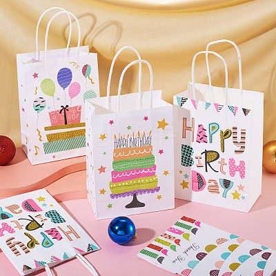 8Pcs 4 Styles Birthday Rectangle Paper Gift Bags with Rope Handles ABAG-TA0001-70-1